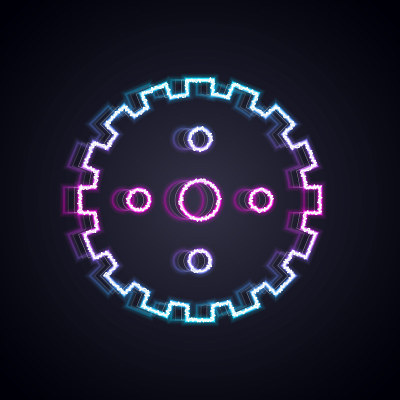 发光的霓虹灯线自行车链轮曲柄图标孤立在黑色背景。向量