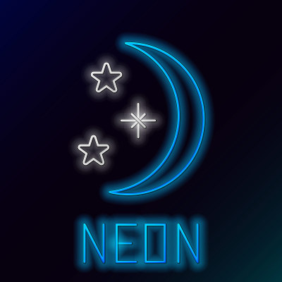 发光的霓虹灯线月亮和星星图标孤立在黑色的背景。色彩斑斓的轮廓的概念。向量