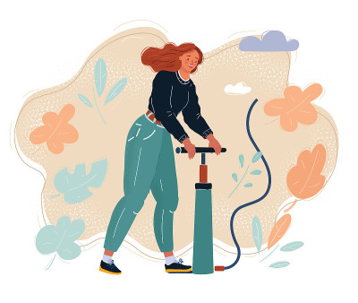 女人在用气泵加油。泵它的概念。