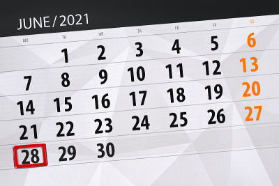 2021年6月的日历计划，截止日期，28日，周一