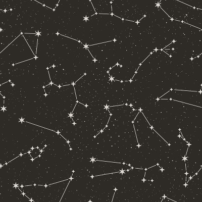 十二星座无缝图案，星空黑色背景，极简时尚风格。向量空间背景。
