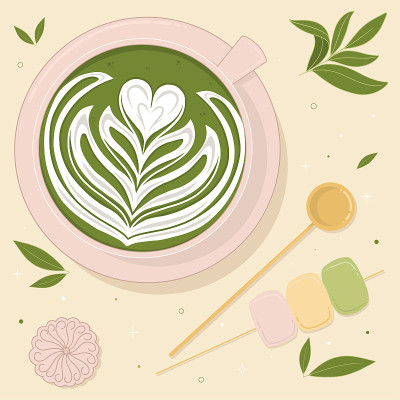 可爱的抹茶拿铁艺术矢量插图