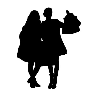 2名年轻女性购物者的剪影。女孩们举起她们的包，展示购物的结果。人们孤立在白色背景，特写，矢量插图