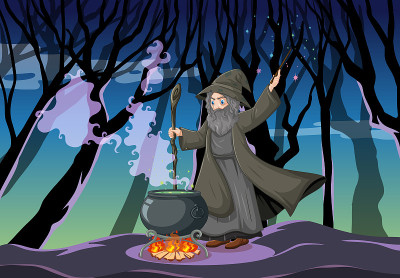 巫师或女巫与魔法锅在黑暗森林的场景