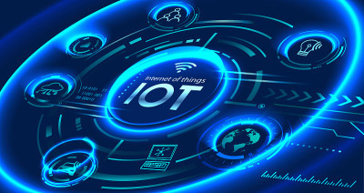 物联网(IOT)设备和网络上的连接概念。蜘蛛网般的网络连接在未来的蓝色背景上。