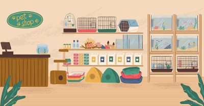 宠物店室内概念矢量插图。动物商店，狗的食物，鸟笼子，水族馆的鱼和狗床