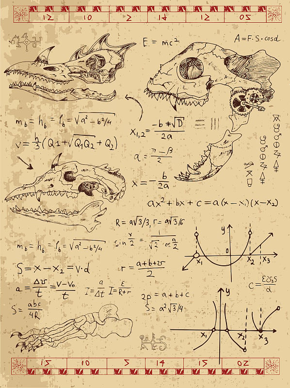 图形集的幻想怪物，数学公式和神秘符号