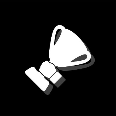 Male hand holding winner cup icon flat