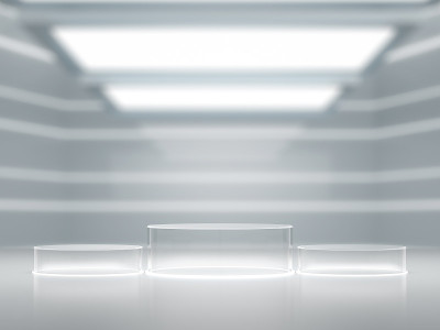 玻璃底座展示，空白产品架与模糊的实验室内部，未来的背景。3 d渲染。