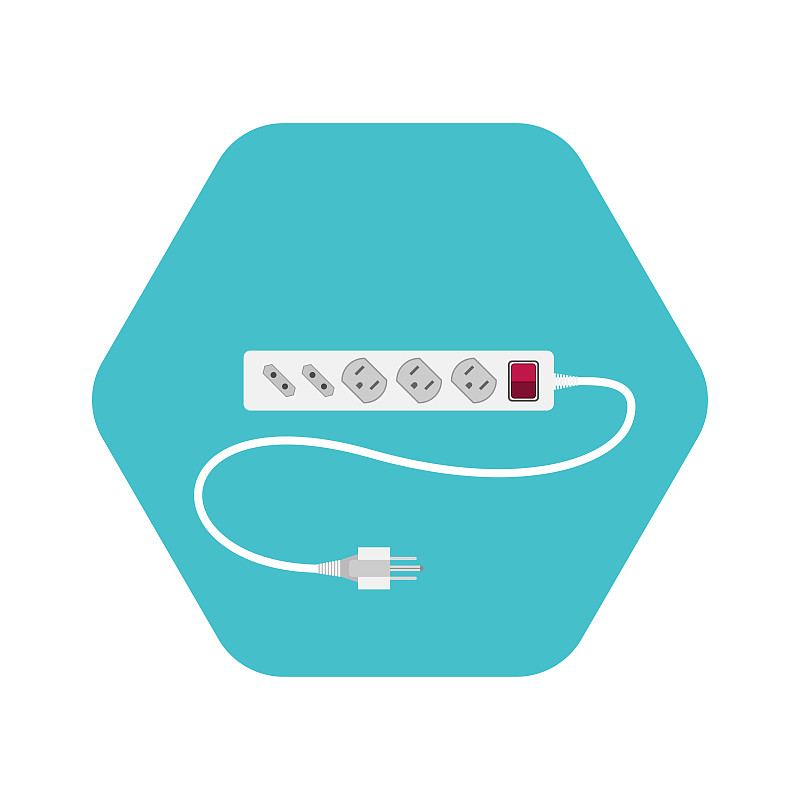 绿松石六角形带阴影的背景上，B型和C型不同插座的电线延长线图标示意图。