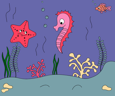 孩子们在海底世界的涂鸦插图——海马、海星和海底的鱼