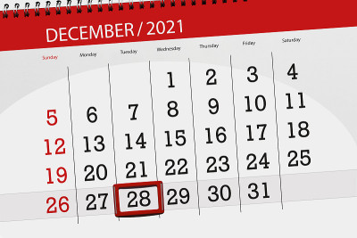 2021年12月的日历计划，截止日期，28日，周二