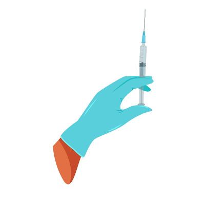 手在医疗手套持有注射器，疫苗预防病毒，矢量插图在平面风格