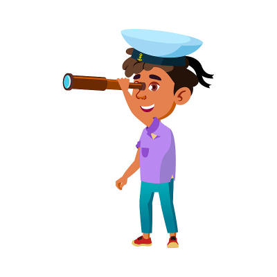 拉丁小男孩队长看着望远镜卡通向量