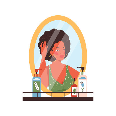 女人关心她的脸和头发，平面矢量插图孤立。