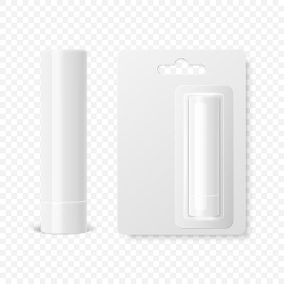 矢量现实3d白色空白封闭唇膏棒，卫生口红和泡罩包装设置隔离。设计模板的图形，矢量模型。化妆品，美容，