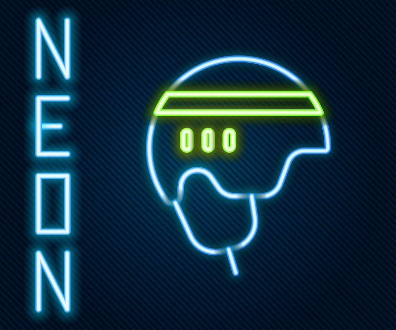 Glowing neon line Hockey helmet icon isolated on b