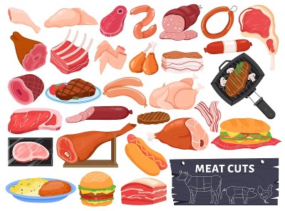 肉类矢量插图，卡通平面生或供应的食物收集与烤猪肉牛肉羊肉或鸡肉，热烤肉排