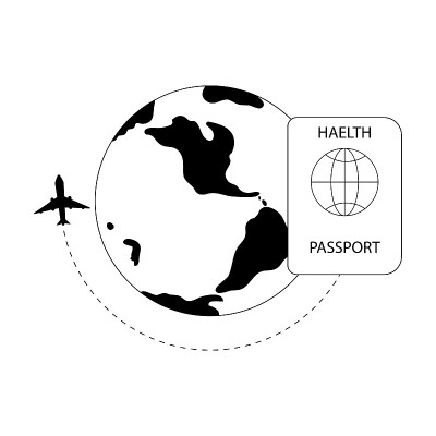 健康护照或安全旅行豁免护照。飞机正在绕地球飞行。疫苗接种的护照。