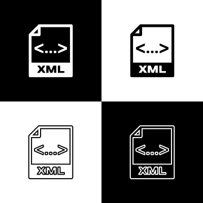 设置XML文件文档图标。下载独立于黑白背景的xml按钮图标。XML文件的象征。矢量图