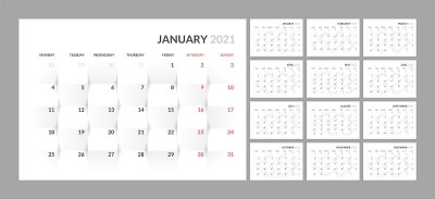 日历为2021年新年在干净的小桌子简单的风格。
