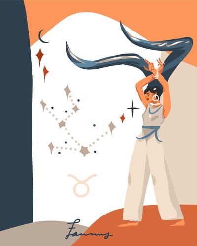 手绘矢量抽象图库简单星象学天文插画艺术与现代，拼贴艺术当代版画模板的波西奥星座星座金牛座与女性性格。