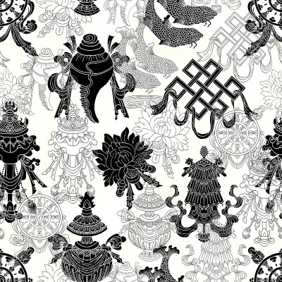 白色上无缝图案与八种佛教吉祥符号的剪影。