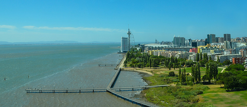 国家公园和塔霍斯河，从瓦斯科达伽马桥的全景，在里斯本，葡萄牙。