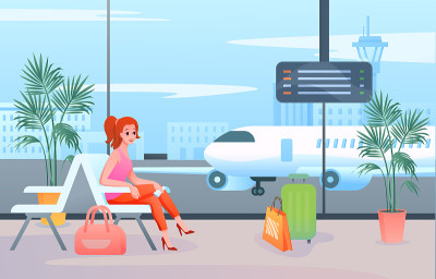 在机场等矢量图。卡通扁女游客旅客人物坐在候机厅大厅内，拿着旅行袋坐在候机厅大厅内，等待着飞机起飞返航