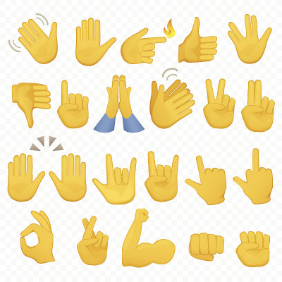 一套手的图标和符号。Emoji手图标。不同的手势，手势，信号和手势，alpha背景矢量图。
