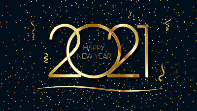 2021年新年快乐。优雅的金色文字与光。