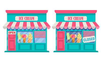 冰淇淋店关门营业。在白色背景上孤立的商店立面集合。矢量插图在平面风格