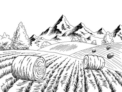 秋田山图形黑白景观素描插图向量