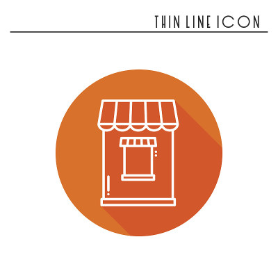 细线图标集。钱箱,售票窗口。食品亭，手推车，移动咖啡馆，商店，交易车。向量风格的线性图标。孤立的插图