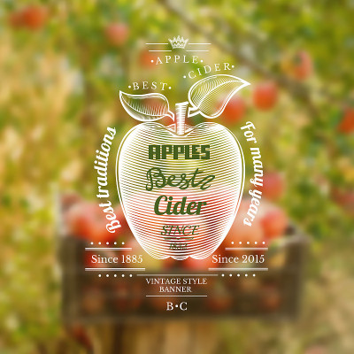 Engraving style apple with lettering on it in the 