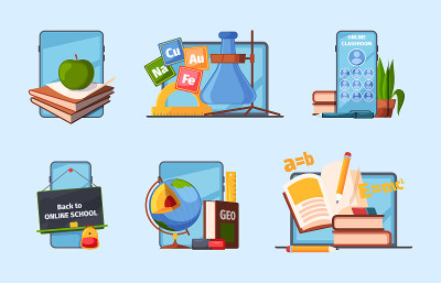 回到学校。远程教育工具，电脑，电子教材，学生用品，铅笔，纸，笔记本，学习用品，花哨的矢量收集