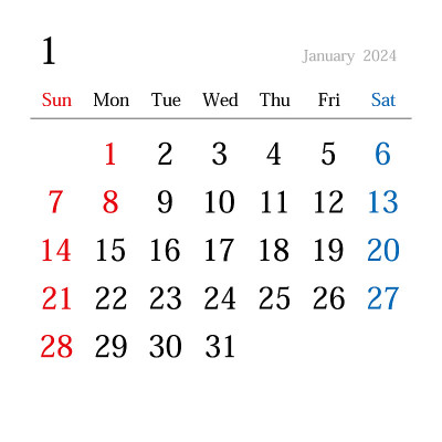 日本日历，2024年1月。
