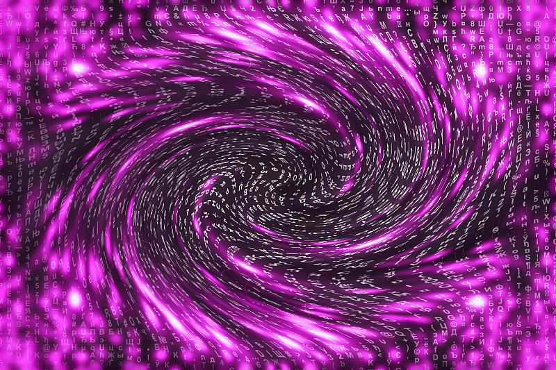 粉色矩阵数字背景。扭曲的网络空间的概念。人物落入虫洞。入侵矩阵。虚拟现实设计。复杂的算法数据黑客。粉