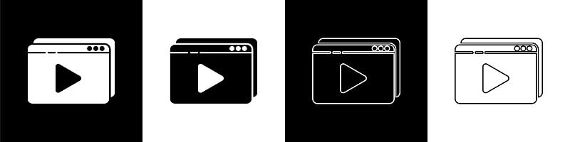 Set Online play video icon isolated on black and w