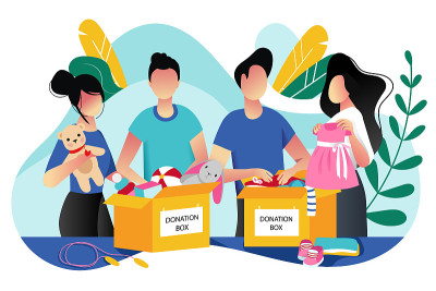 Toys and kids clothes donation. Vector trendy flat