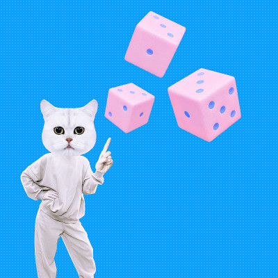 时尚的最小拼贴场景。小猫角色和骰子。决定，风险，刺激的概念