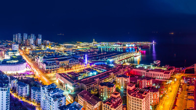 航拍青岛沿海城市夜景