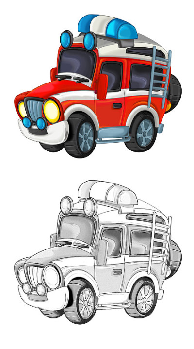 卡通素描场景与越野消防队员车-插图