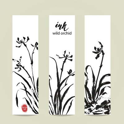 一套旗帜与墨水野生兰花花