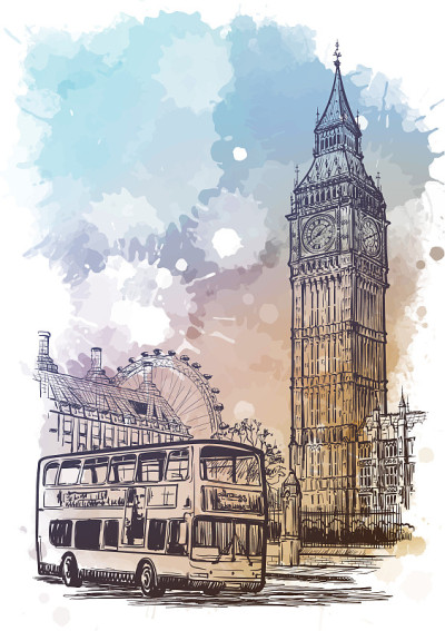 英国伦敦威斯敏斯特议会广场。水彩纹理背景上的线性草图。