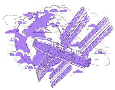 绕地球轨道飞行的空间站，装有太阳能电池板的宇宙飞船，人造卫星。细线三维矢量插图。