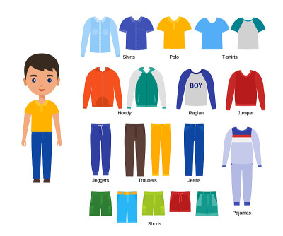 男孩的衣服。矢量插图。婴儿服装设置在平面设计。