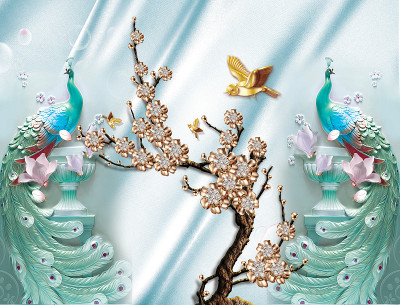 3d框架3件拼贴板与美丽的背景与彩色绘制的孔雀、花朵和蝴蝶的室内装饰