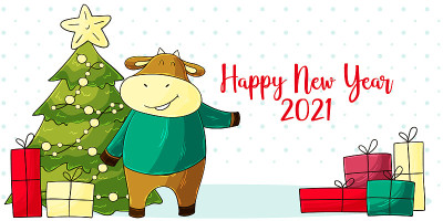 2021新年快乐儿童插画。中国新年牛年2021年