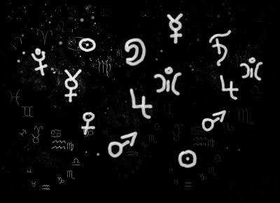 在宇宙天空背景下的行星符号和黄道带符号